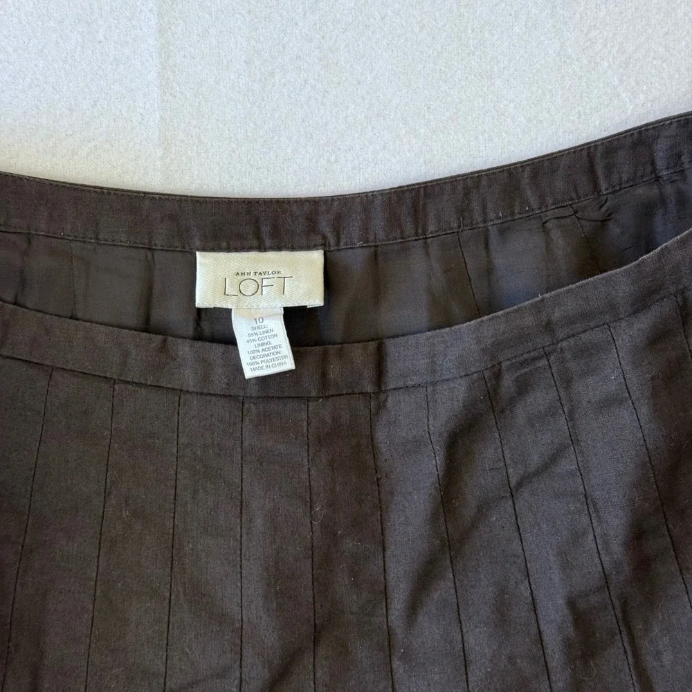 Ann Taylor Loft Brown Linen Blend Pleated Sequin Hem A-Line‎ Skirt Womens 10
